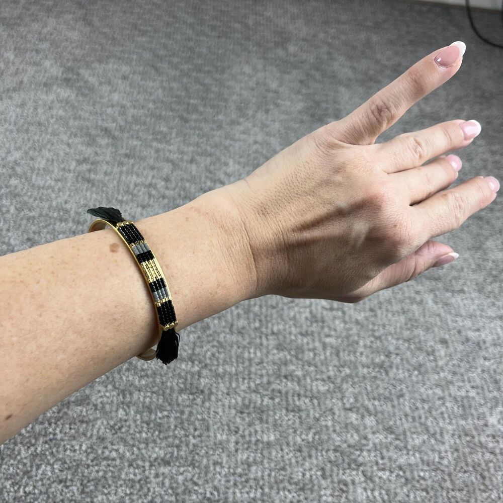 Stella & Dot Beaded Feather Cuff Bracelet Gold Tone Black Womens Jewelry Boho